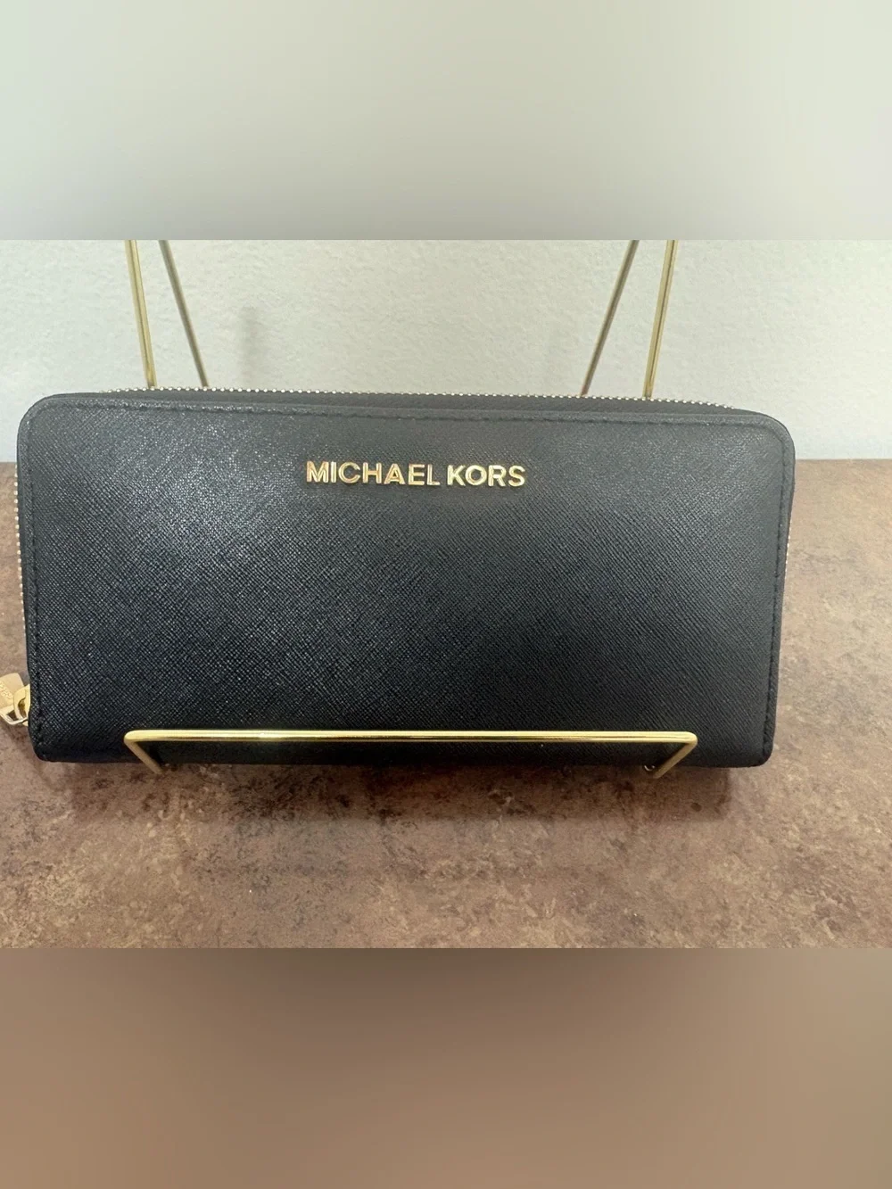 Michael Kors Black Saffiano Zip Around Wallet Gold Hardware 9x4